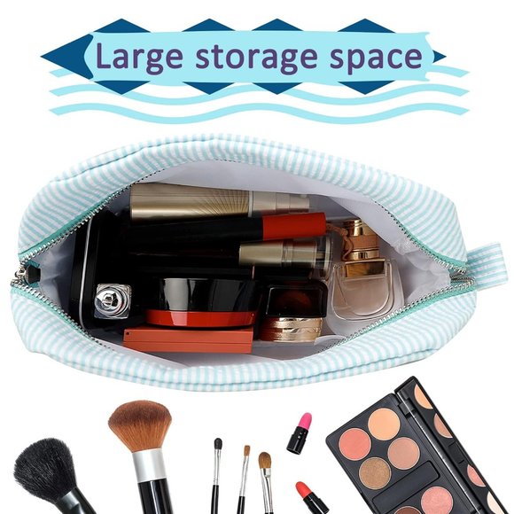 Women Large Seersucker Cosmetic and Travel Toiletry Stripe Makeup Bag Purses - Picture 2 of 6